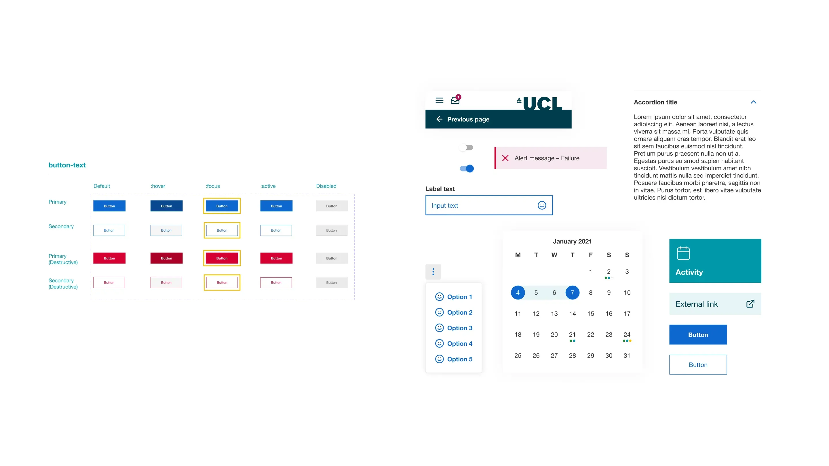 A collage of components such as, button, input, calendar and accordion. Also shows documentation for engineers.