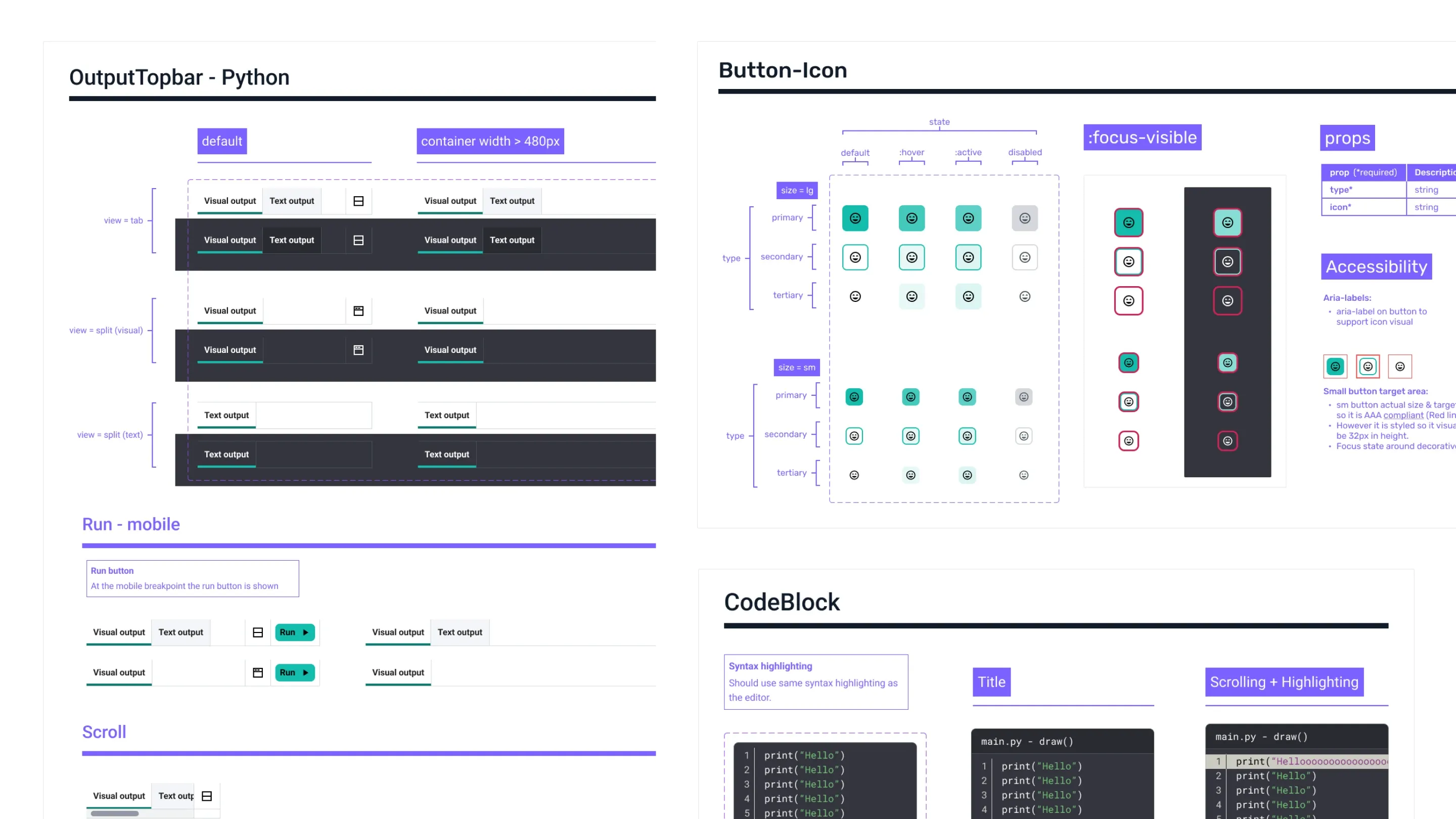 Screenshots of a Figma component library. It shows labels specifying properties of components such as primary, secondary, tertiary on a button, and also specific implementation notes for the engineers.