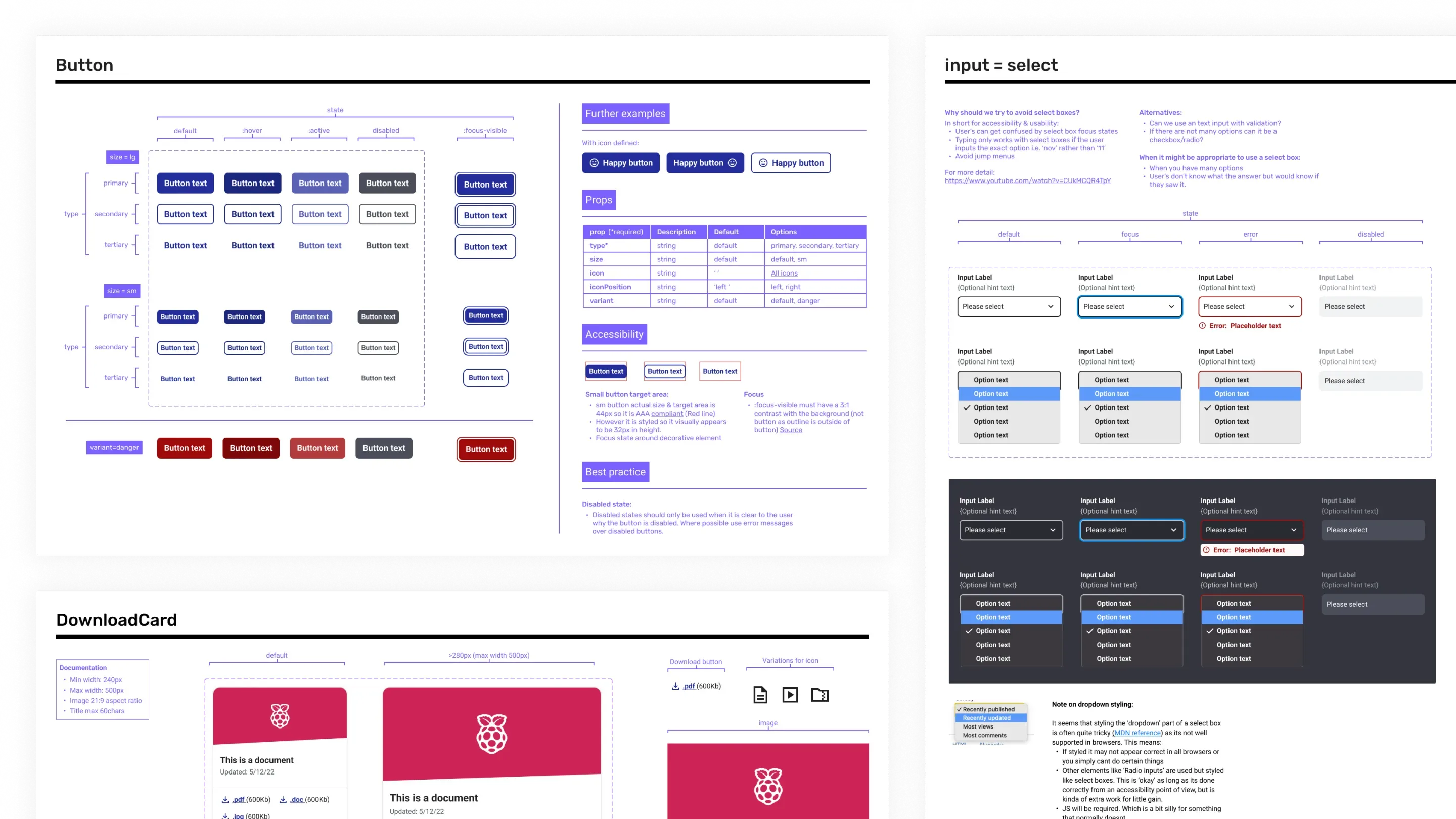 Screenshots of a Figma component library. It shows labels specifying properties of components such as primary, secondary, tertiary on a button, and also specific implementation notes for the engineers.