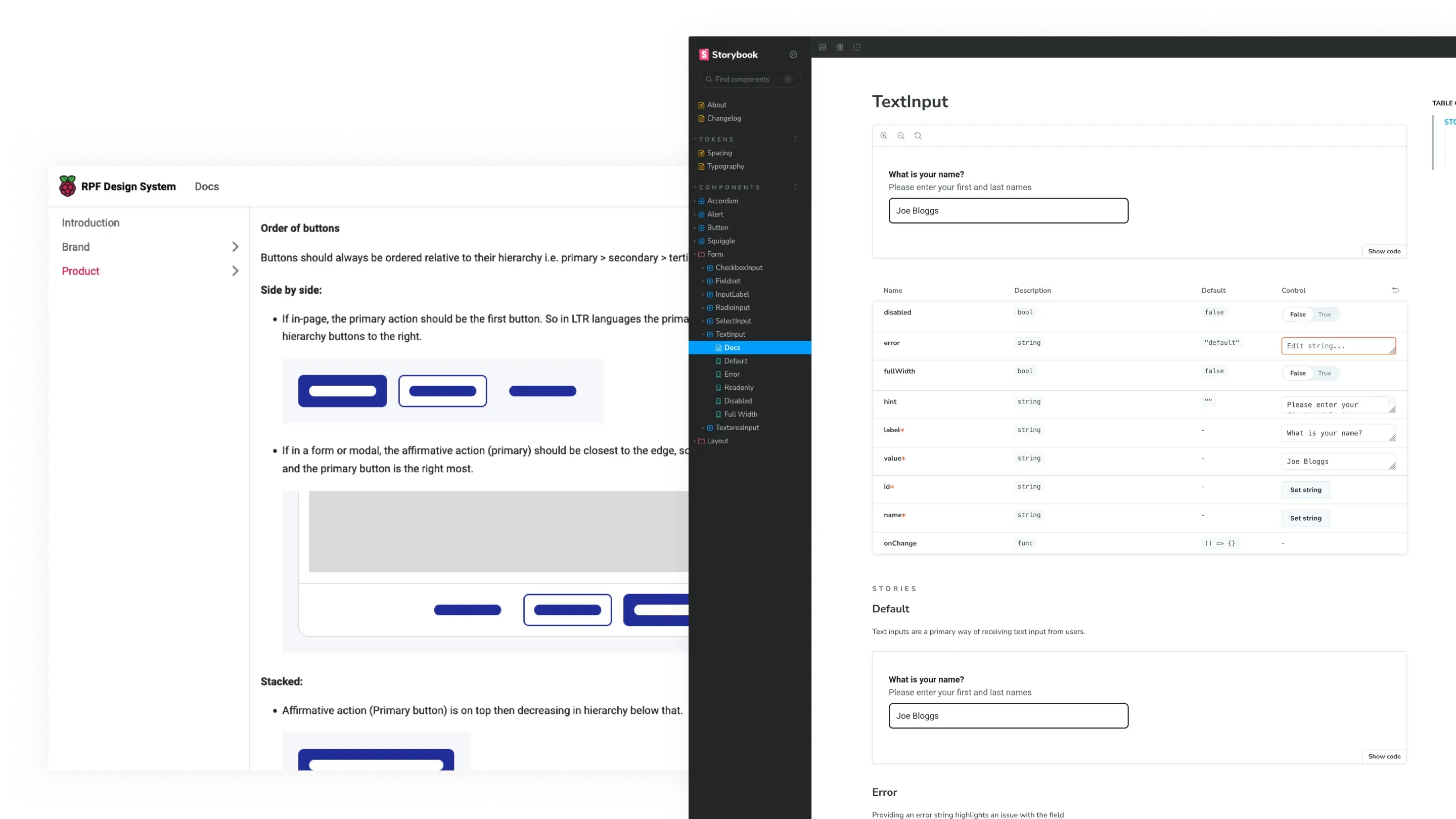 Screenshots of the RPF Design System documentation site and Storybook, currently showing the documentation for the button and the text input components.