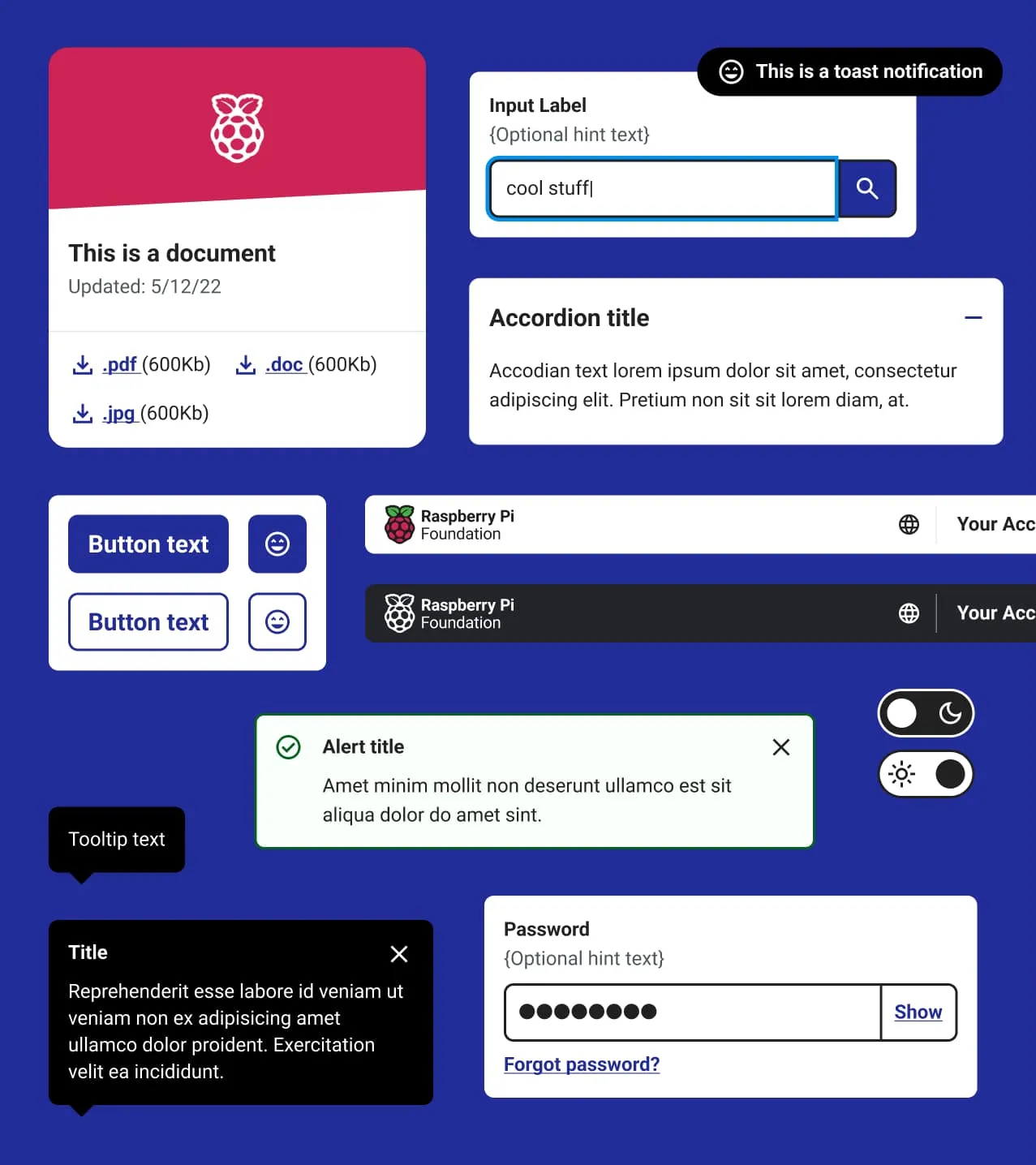 A collage of components from the Raspberry Pi Foundation Design System.