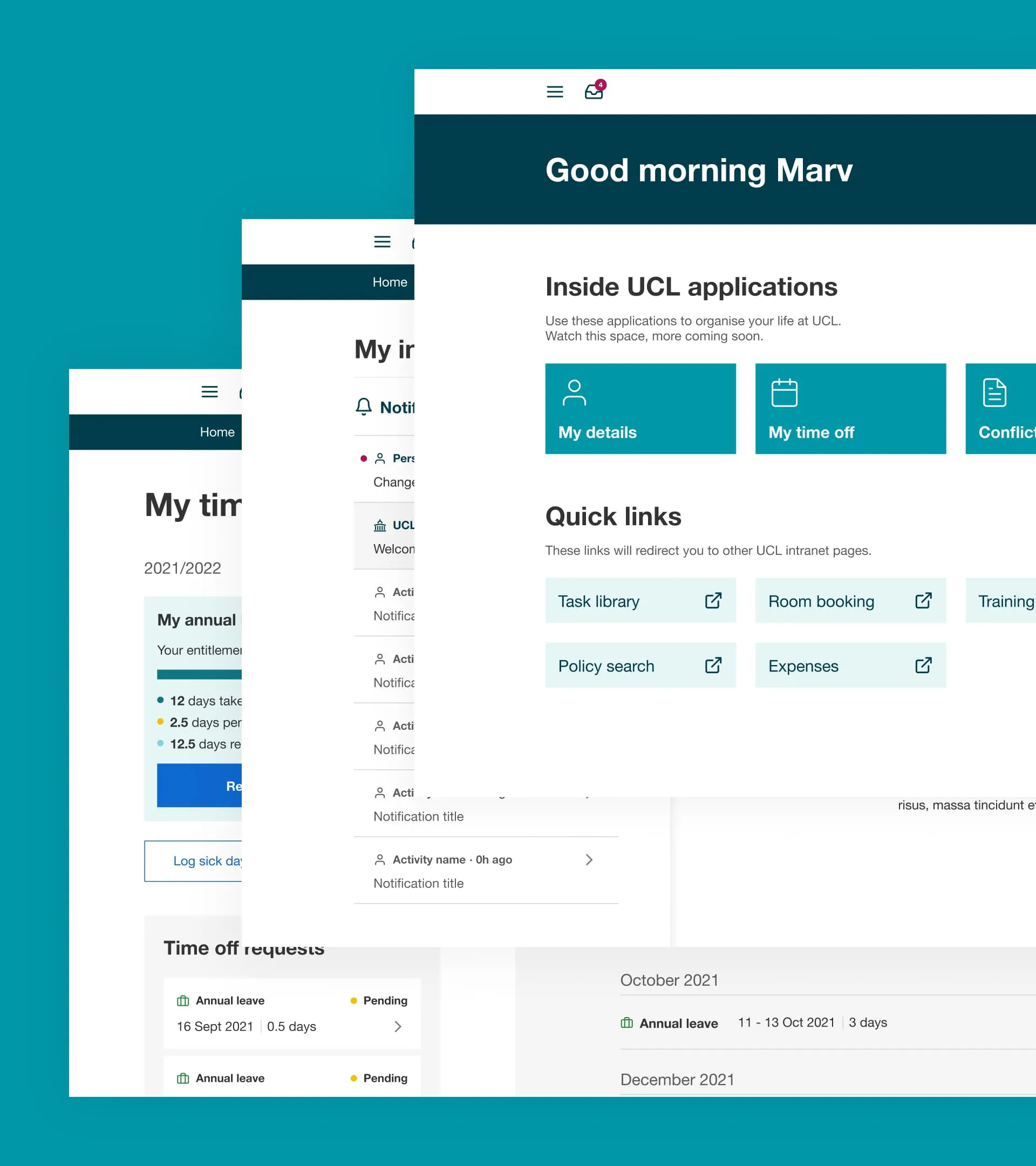 Several screenshots of the Inside UCL platform showing a dashboard, the time off page, and notification inbox.