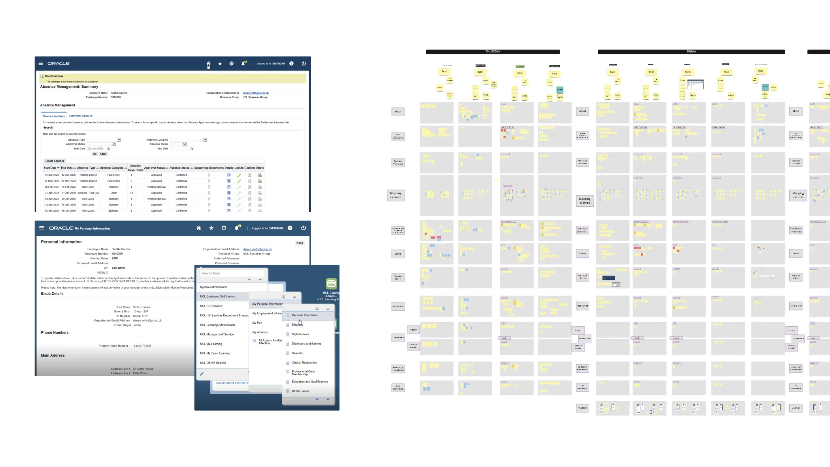 Screenshots showing notes from user testing and the old UCL staff platform in an outdated UI.