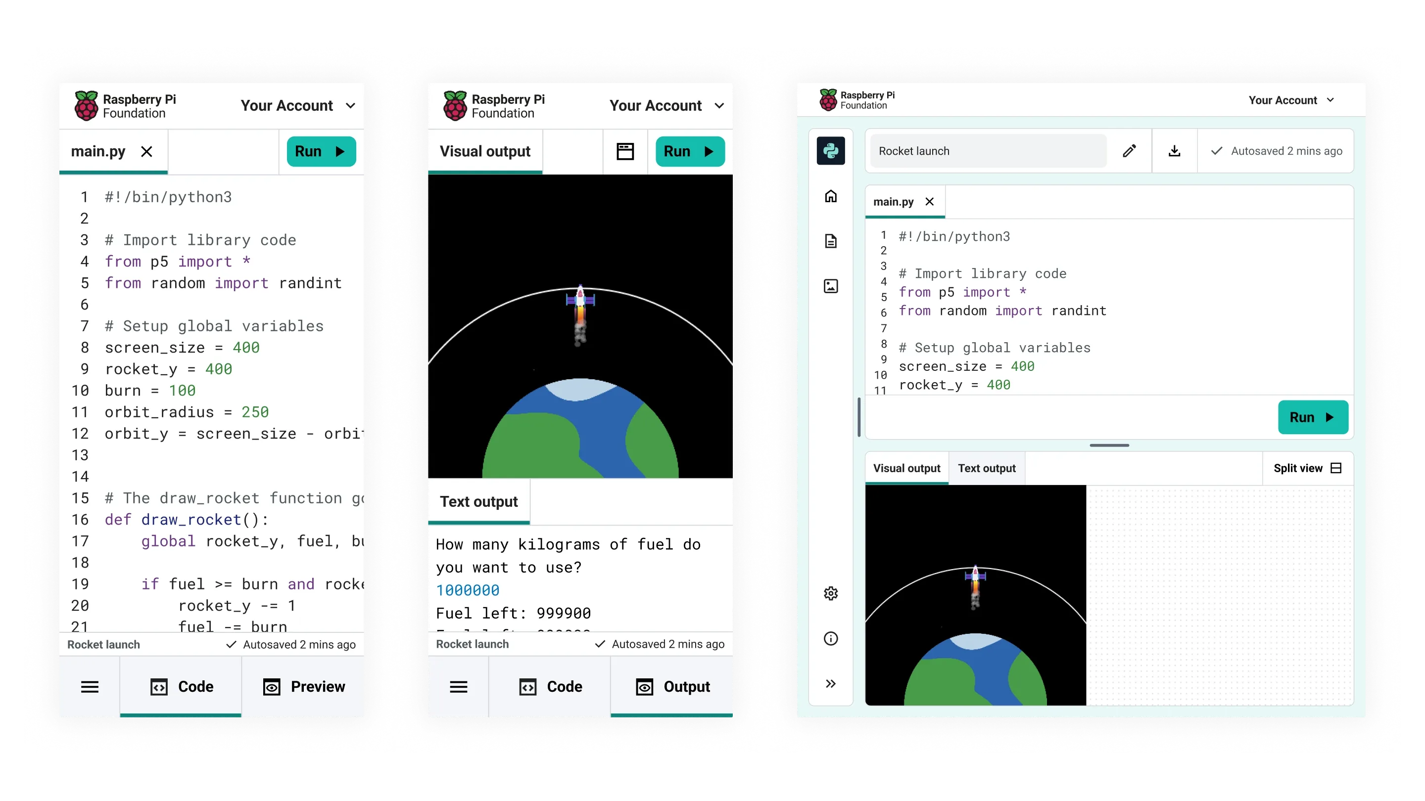 Examples of the Code Editor at a mobile size. The Code Editor has tabs at the bottom of the screen labelled, menu, code and output.