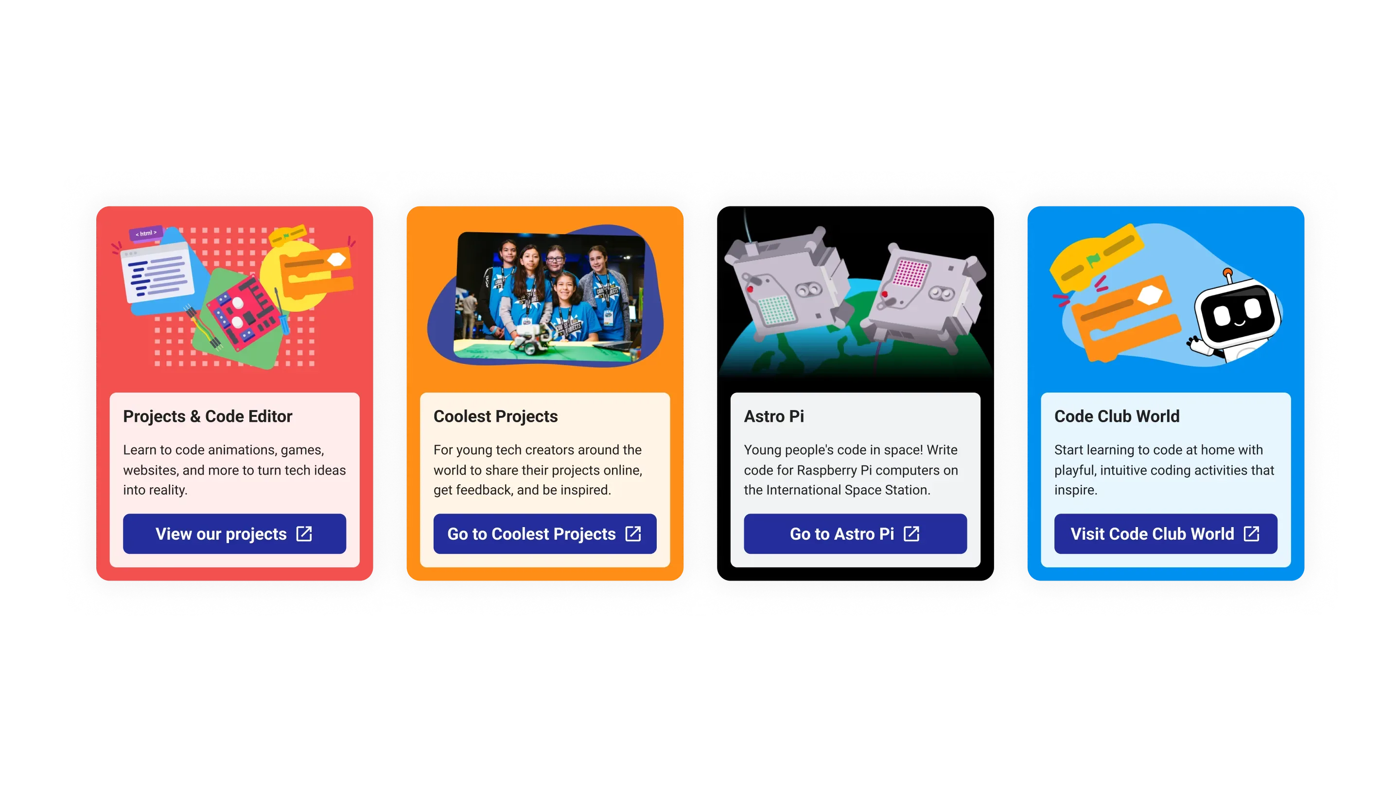 Four cards, each showing a different product. Projects & Code Editor, Coolest Projects, Astro Pi, Code Club World.