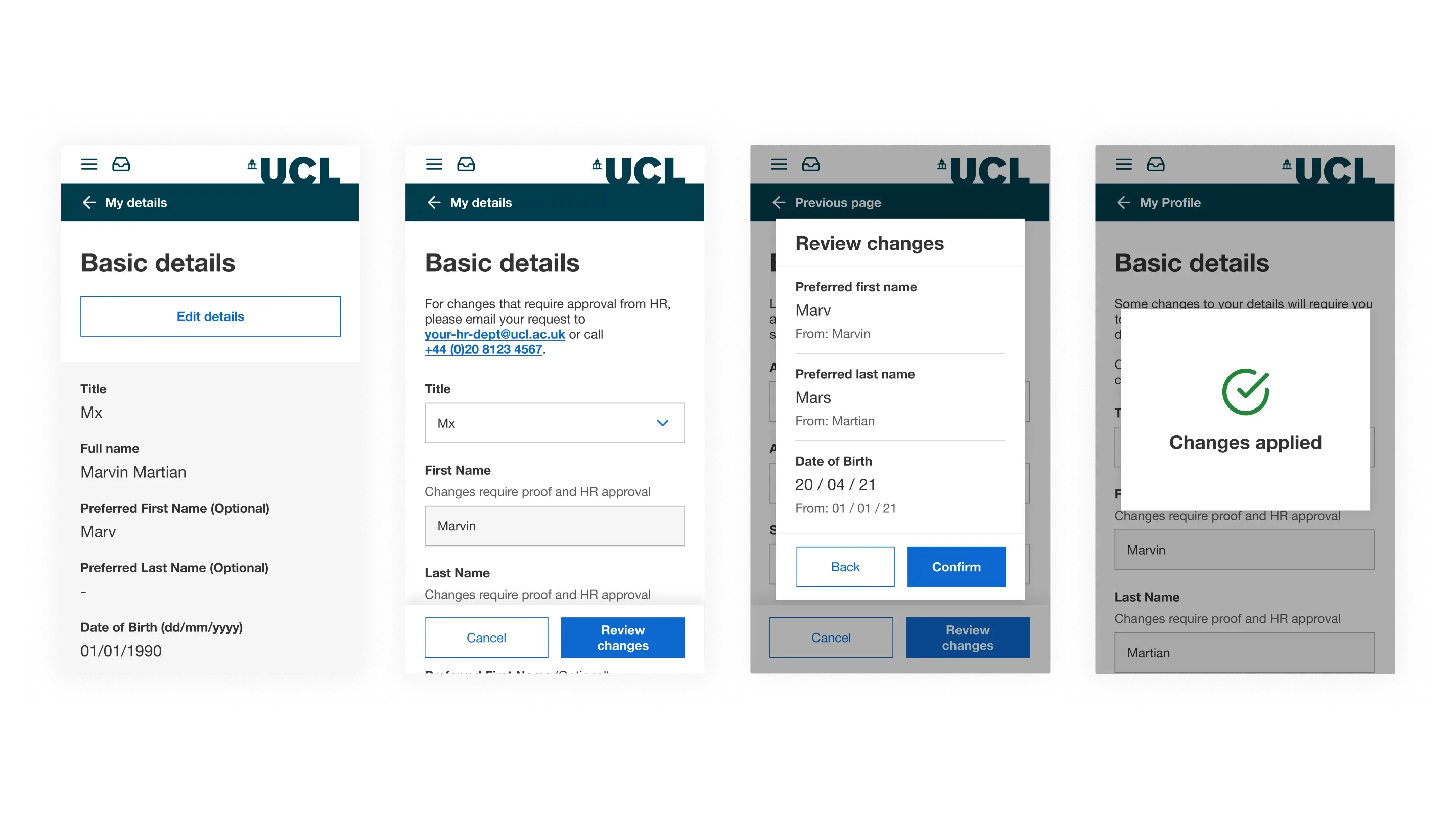 Several mobile size designs, showing the user flow for edit and saving changes to their person details.