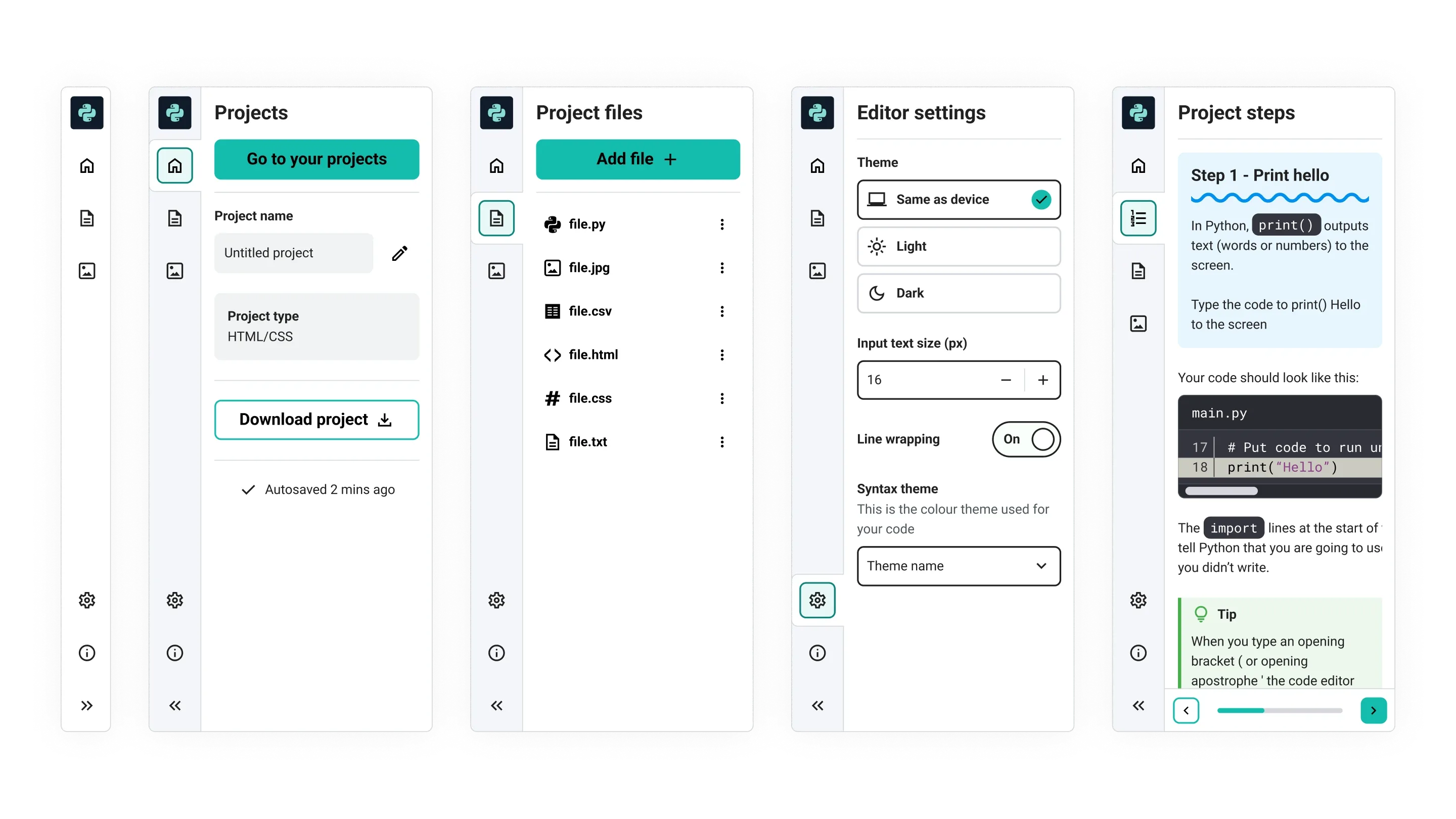 Multiple views of the sidebar showing different tabs selected. It shows project details, files, setting, and instructions.