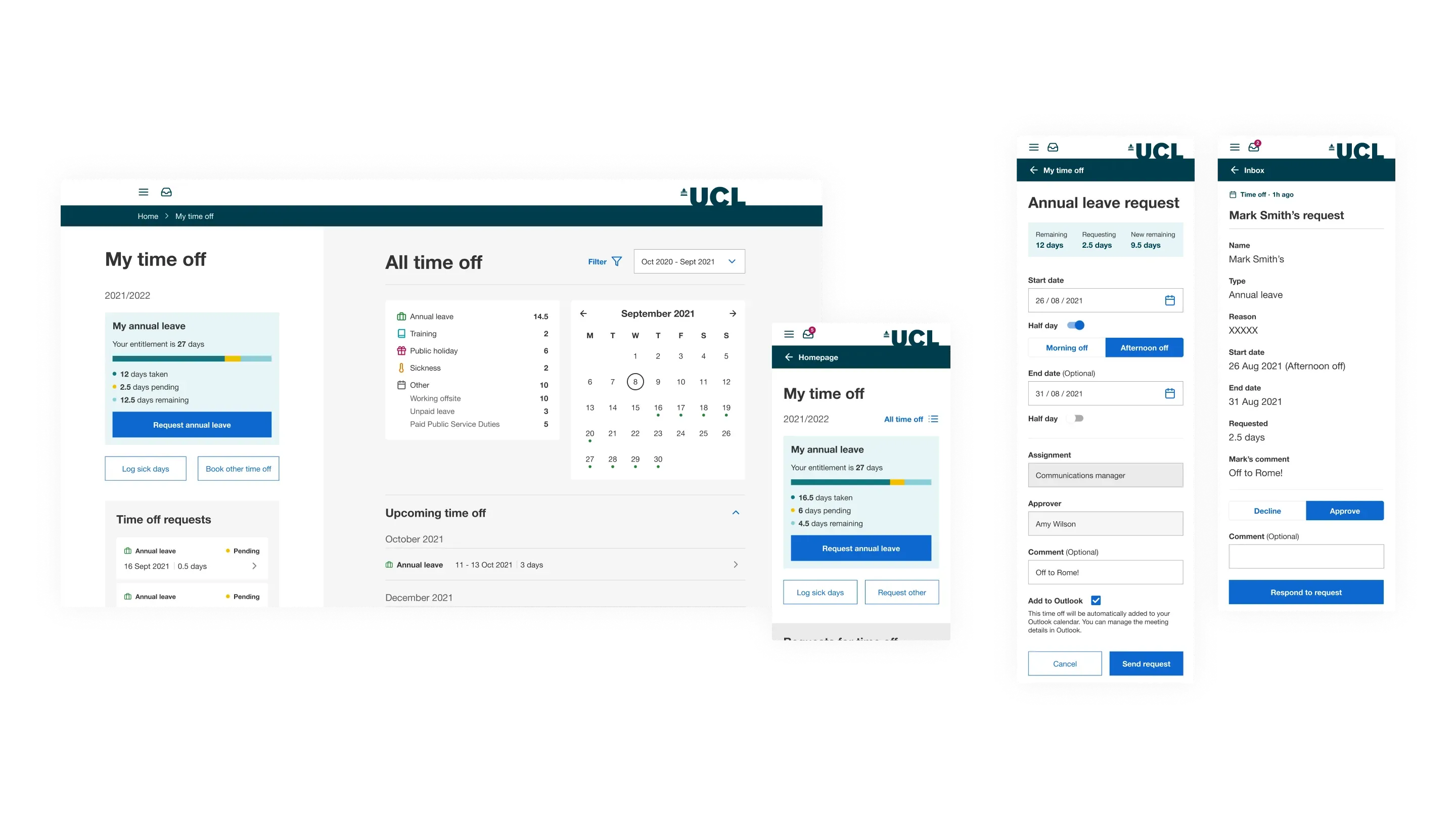 Several design screenshots, showing the user viewing their time off in a calendar and booking time off.